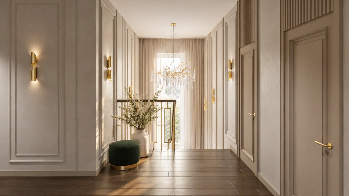 Upper hallway with timber flooring and a console by the window