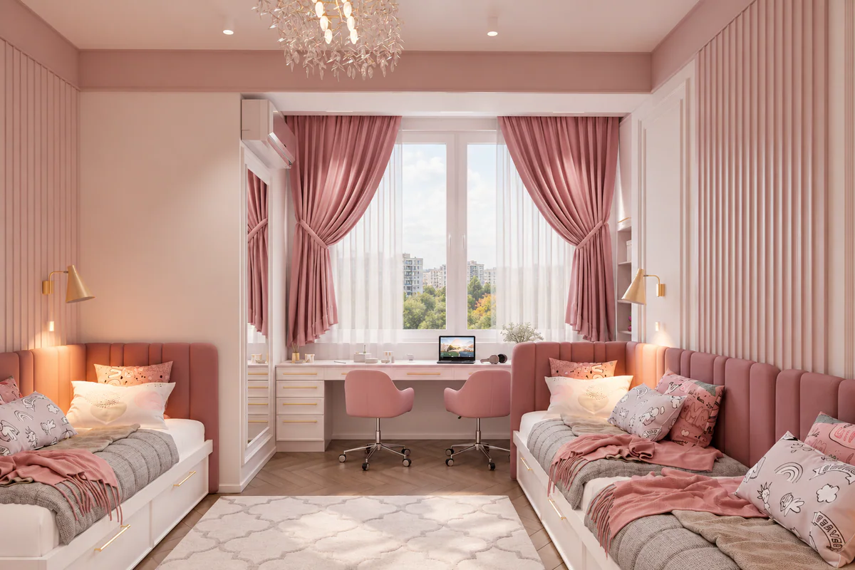 Quarto rosa com zona de estudo junto à janela
