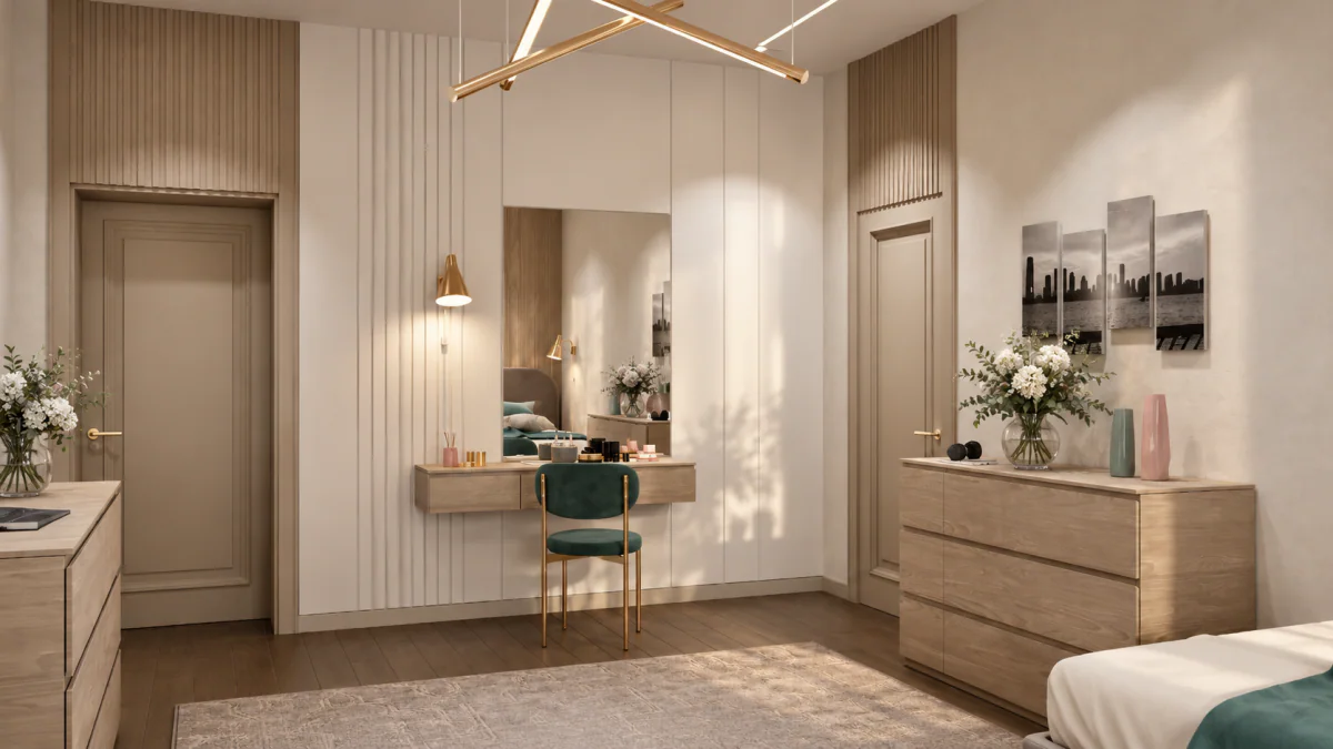 Shared bedroom with a desk, mirrors and timber storage units