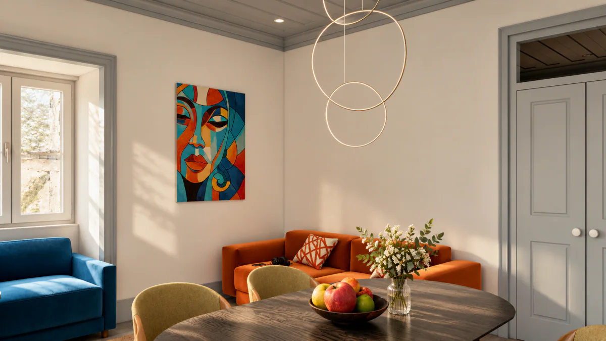 Proposta de staging 3D: zona de jantar entre um cadeirão azul e um sofá laranja