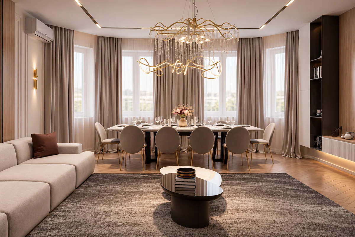 Sala de estar e jantar com mesa ampla junto às janelas