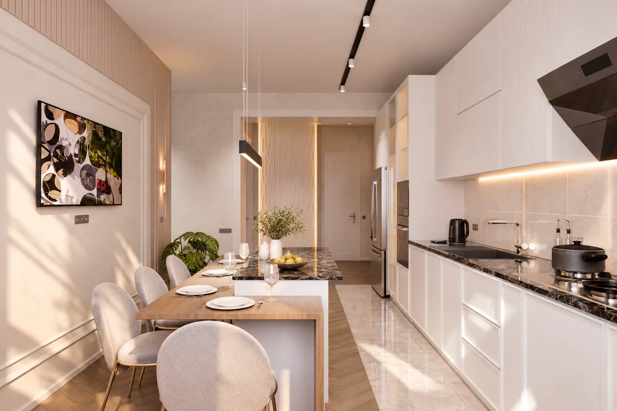 Zona de refeições da cozinha com vista ao longo da bancada