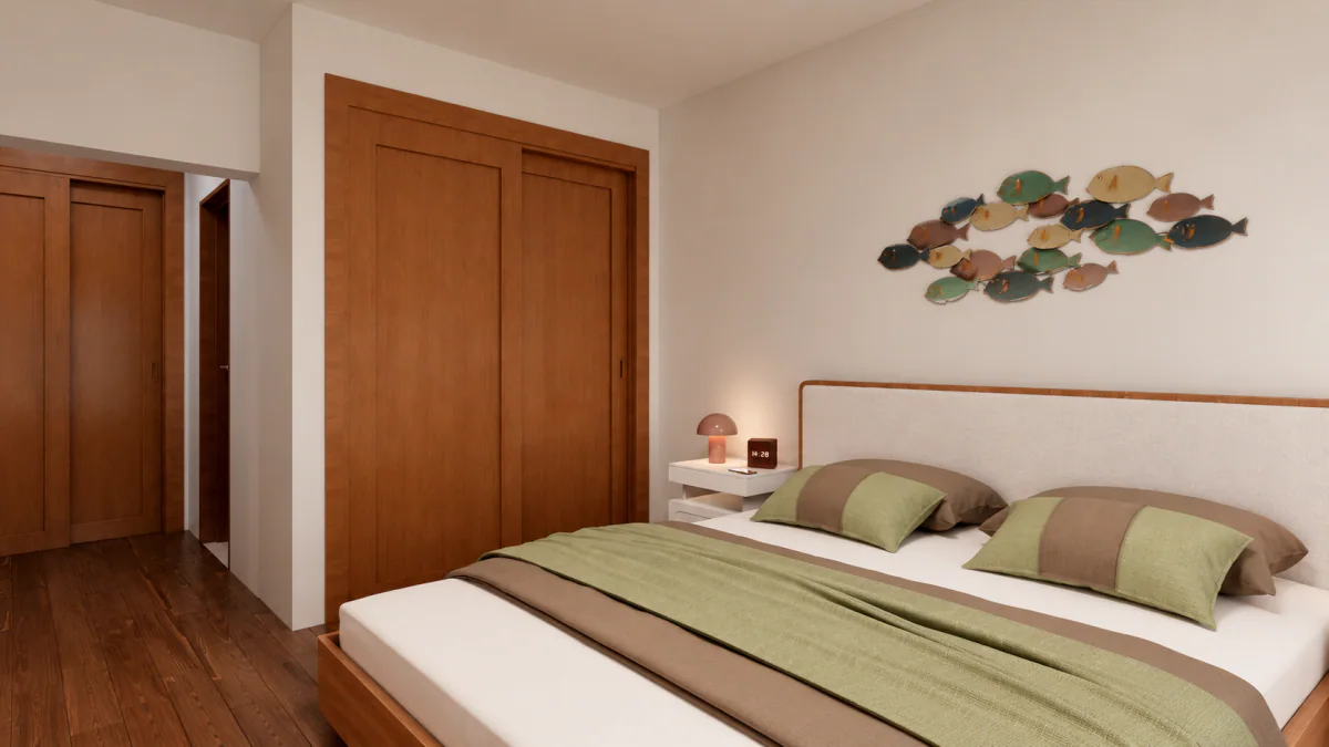 Quarto principal com cabeceira estofada e portas de madeira