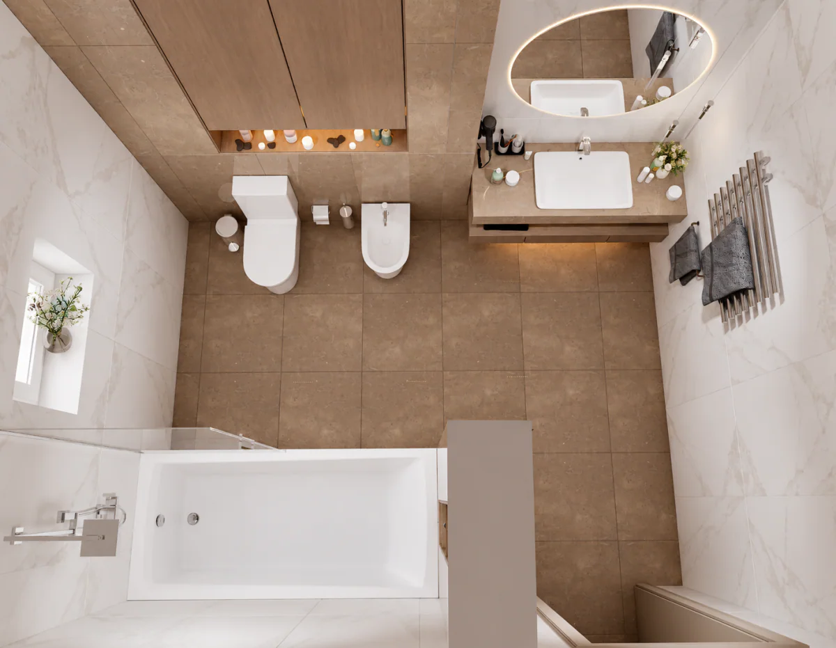 Overhead view of the bathroom with a freestanding bath