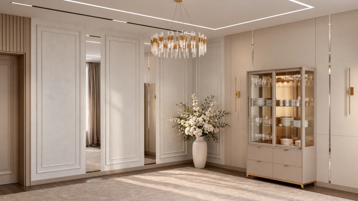 Sitting room with wall mouldings and a glazed display cabinet