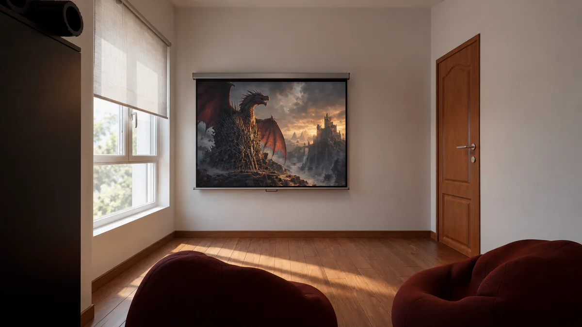 Cinema em casa com ecrã de projeção e assentos confortáveis