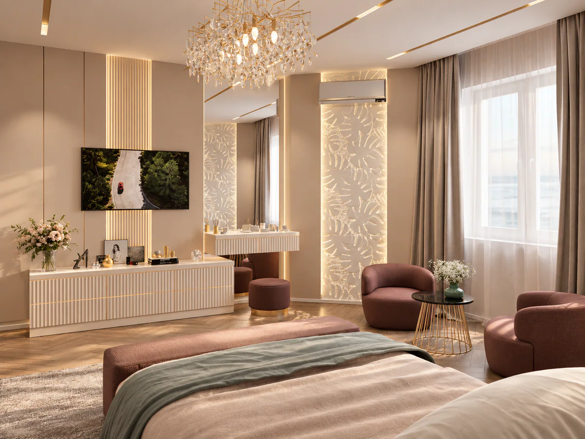 Quarto principal com toucador e cadeirões junto à janela