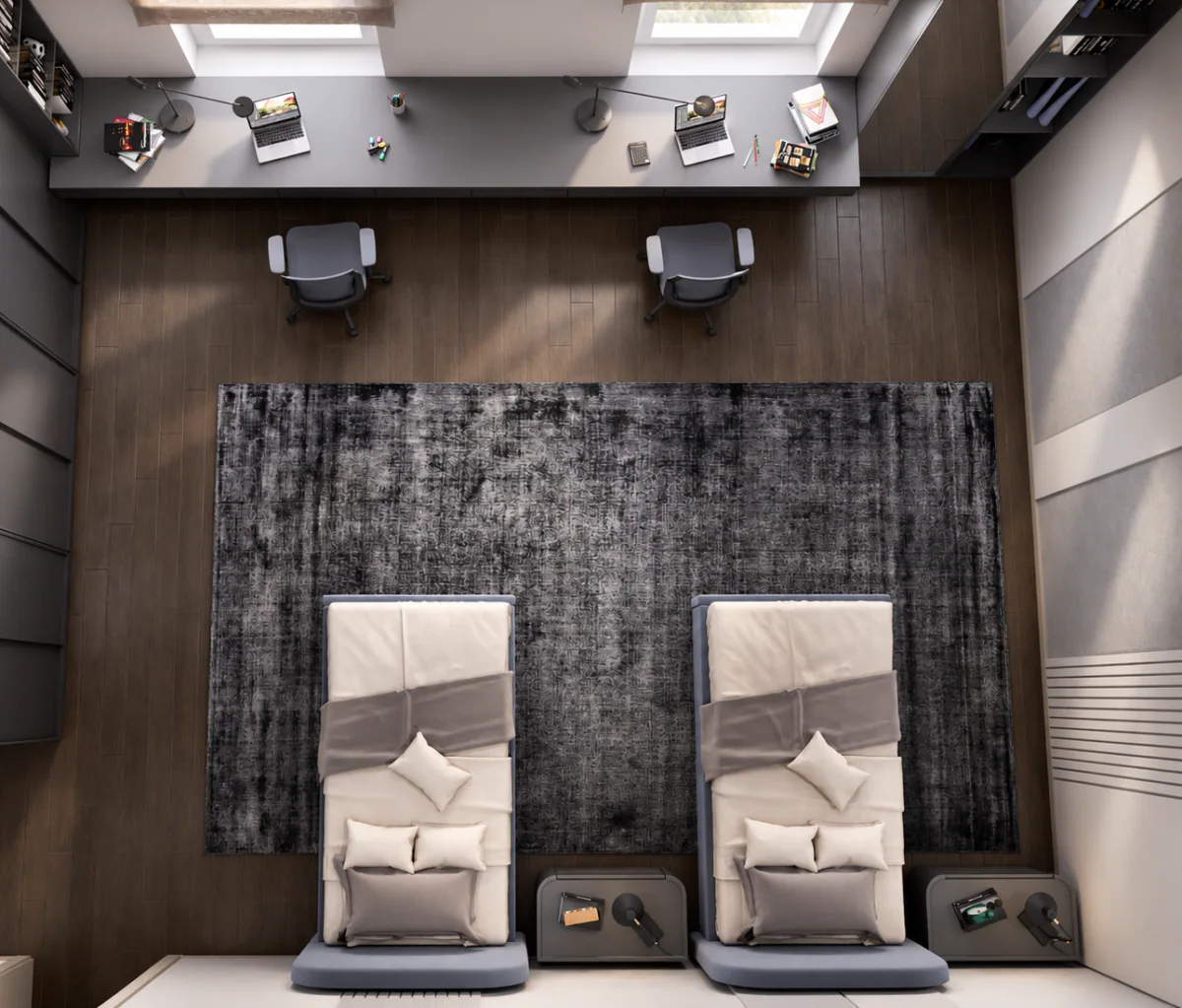 Overhead view of the bedroom with twin beds and study desks