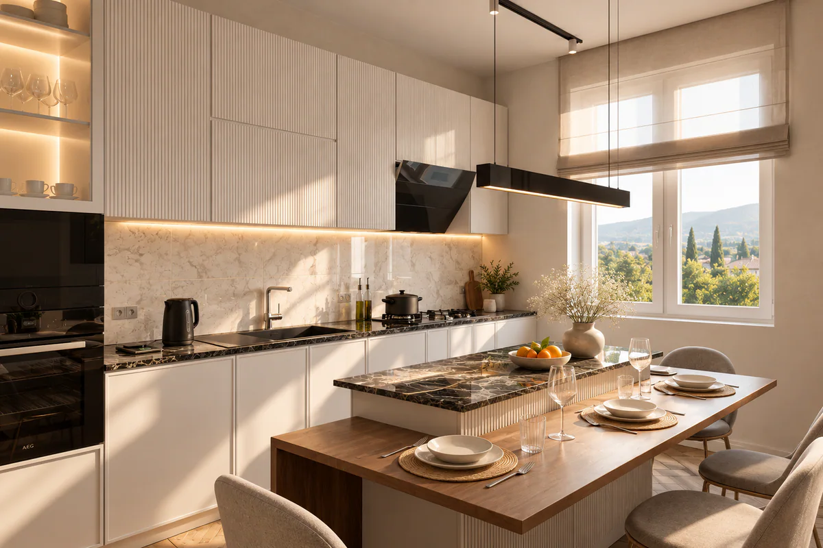 Cozinha clara com revestimento de mármore e mesa de refeições
